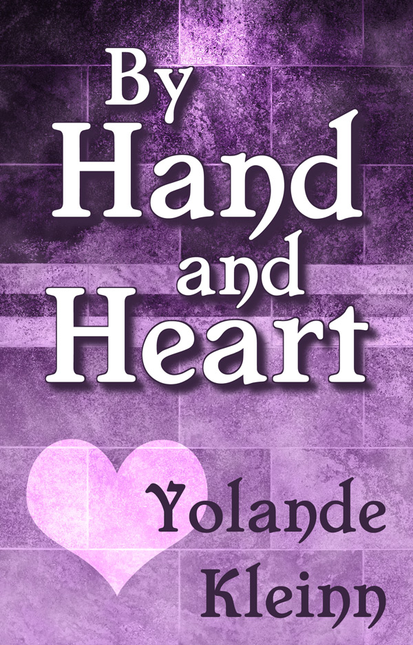 Book cover purple tinted marble with heart and white text: By Hand and Heart Cover